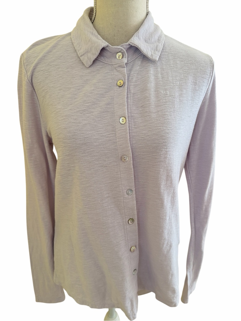 Cut Loose Light Lavender Cotton/Linen Knit Button-Up Long Sleeve Fitted Blouse